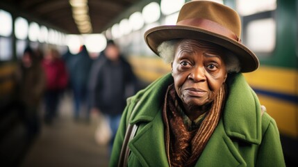 An elderly woman in a green coat and a brown hat is on a train station. Generative AI.