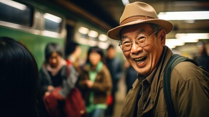 A man wearing a hat and glasses standing in front of a train. Generative AI.