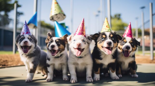 A group of puppies with birthday hats on. Generative AI.