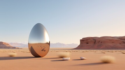  a large metal object in the middle of a desert with rocks in the foreground and mountains in the background.  generative ai