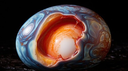  a close up of a marbled object on a black surface with a red and blue swirl in the center.  generative ai