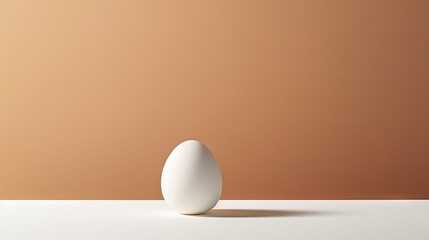 Fototapeta na wymiar a white egg sitting on top of a white table next to a brown and white wall with a shadow on it. generative ai