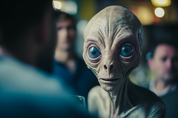 alien close-up, extraterrestrial life, inhabitant of another planet in a cafe on earth