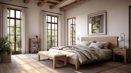 Farmhouse interior design of modern bedroom with hardwood floor Created with generative AI 