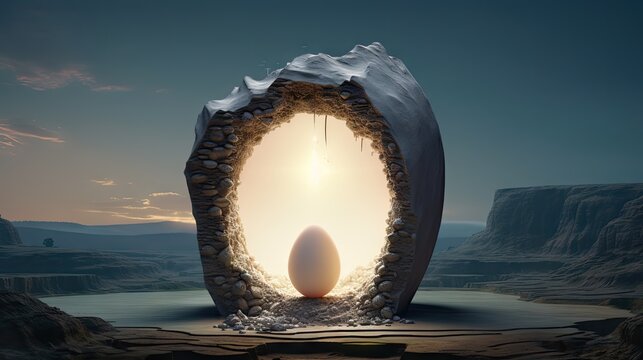  an egg is in the middle of a hole in the ground, with a mountain in the background and the sun shining through the hole.  generative ai
