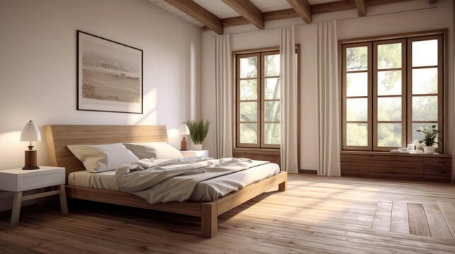 Farmhouse interior design of modern bedroom with hardwood floor Created with generative AI 