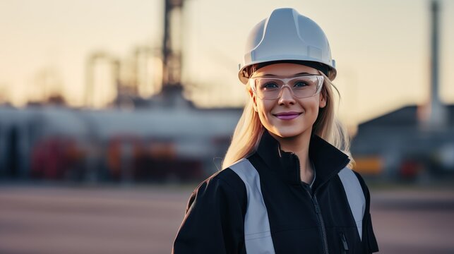  Portrait of a smiling white female engineer at an oil refinery, confidently overseeing operations, maintaining safety standards, generative ai