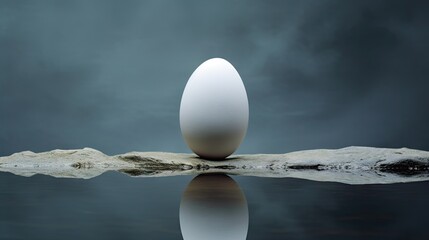  an egg sitting on top of a piece of wood in the middle of a body of water with a dark sky in the background.  generative ai