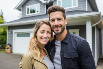 A joyful young couple stands before their new residence, exemplifying the act of purchasing a new house. This scene embodies the real estate lifestyle concept. Generative Ai.
