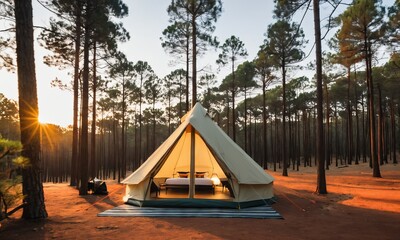 a cozy camping tent stands amidst a serene pine forest - obrazy, fototapety, plakaty