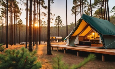  a cozy camping tent stands amidst a serene pine forest