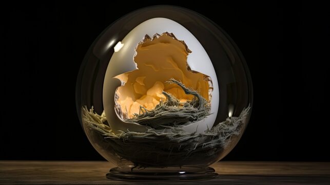  a close up of an egg with a picture of a mountain inside of it on a wooden table with a black background.  generative ai
