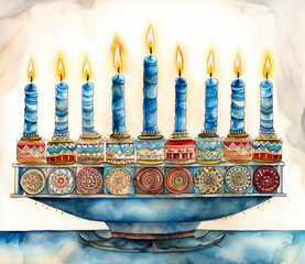 Illustration of the Jewish holiday Hanukkah with menorah (traditional candelabra). Watercolor