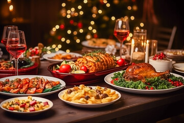 Fototapeta premium Christmas dinner table full of dishes with food and snacks, New Year's decor with a Christmas tree in the background