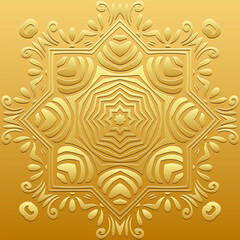 Embossed gold background, cover design. Boho style, handmade. Geometric ethnic vintage 3D pattern, old golden mandala. Stylish ornaments of the East, Asia, India, Mexico, Aztec, Peru.