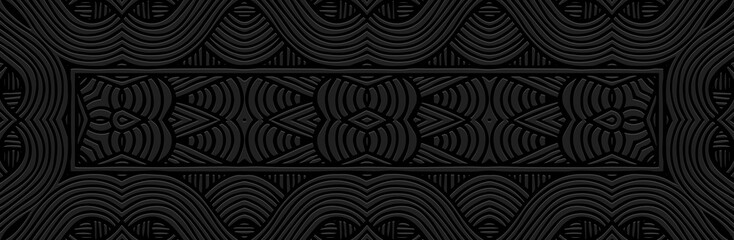 Banner, exotic cover design. Embossed ethnic tribal geometric vintage 3D pattern on black background. Handmade, minimalism, boho. Old motifs of the East, Asia, India, Mexico, Aztec, Peru.