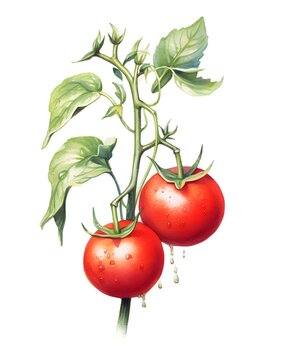 a painting of two tomatoes on a vine
