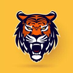 A captivating and powerful tiger head logo with a detailed design, perfect for brands seeking a strong image. It is set on a yellow background