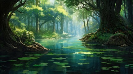  a painting of a river in the middle of a forest with lots of water lilies floating on the water.  generative ai