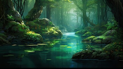  a painting of a stream running through a forest filled with lots of green plants and trees on both sides of the stream.  generative ai