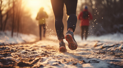 People Running in Snowy Sunset Blur During Winter Season, Weight Loss And Fitness After Festivities. Running Background. Generative AI - obrazy, fototapety, plakaty