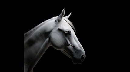  a white horse standing in the dark with its head turned to the side and it's head turned to the side.  generative ai