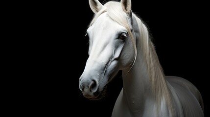 Naklejka na ściany i meble a white horse with long blonde hair standing in front of a black background with its head turned to the side. generative ai