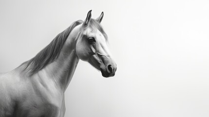  a black and white photo of a horse's head with a long mane and a black and white background.  generative ai