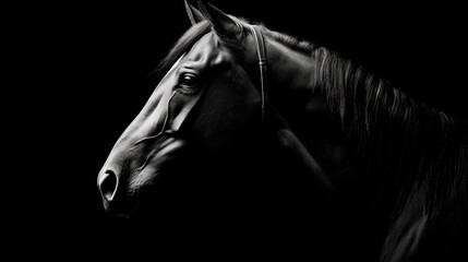 Fototapeta na wymiar a black and white photo of a horse with a bridle on it's head in the dark. generative ai