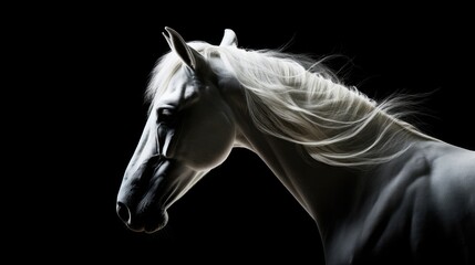  a black and white photo of a horse's head with long hair blowing in the wind on a black background.  generative ai