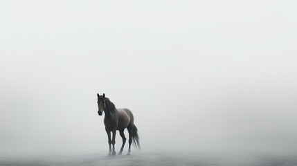  a horse standing in the middle of the ocean on a foggy day in the middle of a body of water.  generative ai