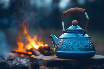 a blue teapot on a wood surface - obrazy, fototapety, plakaty