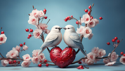 Greeting card with a couple of white birds, a heart and an arrow for Valentine's day