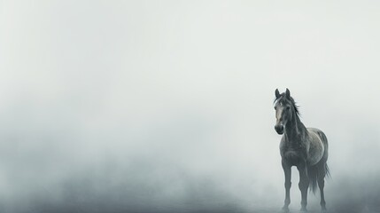  a horse standing in a foggy field with its head turned to the right and it's head turned to the left.  generative ai