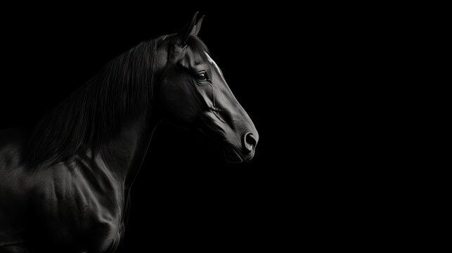  a black and white photo of a horse's head in the dark, with the light shining on the horse's head.  generative ai