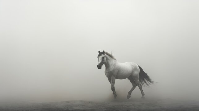  a white horse galloping through the foggy sky in the middle of the day with its rear legs in the air.  generative ai