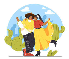 Mexican couple concept. Man and woman in traditional mexican clothes at nature. Young guy in sombrero and girl in yellow skirt near cactus. Culture and traditions. Cartoon flat vector illustration