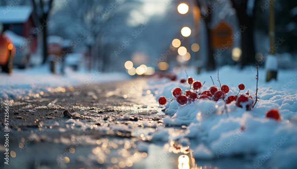 Canvas Prints Winter night, nature celebration, illuminated tree, defocused leaf decoration generated by AI