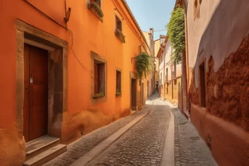 Fotobehang a narrow street with orange buildings © Alex