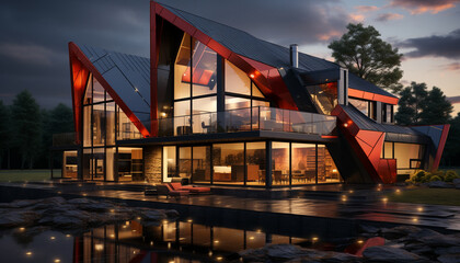 Night architecture reflects modern building exteriors illuminated by water at twilight generated by AI