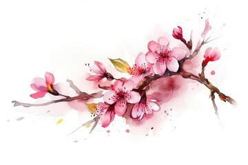 Sakura on white background. Watercolor cherry bud. Cherry blossom flower blooming vector. Pink sakura flower background. Cherry blossom branch with sakura flower. Watercolor cherry blossom vector