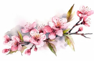 Naklejka na ściany i meble Sakura cherry blossom branch with delicate sakura flowers and buds Watercolor vector illustration. pink sakura flower background features cherry blossoms in full bloom