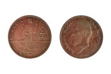 2 Lei 1914 Carol I. Coin of  Romania. Obverse Bearded head left. Reverse Standing figure walking...