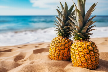 Two pineapples close-up on the sea beach, concept of relaxation and love