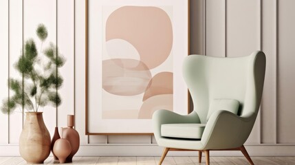 Light green wingback chair against white wall with big art poster frame Midcentury home interior design of modern living room  - obrazy, fototapety, plakaty