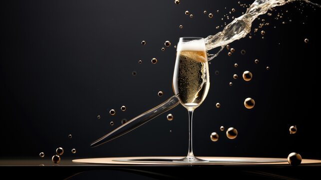  champagne being poured into a wine glass with a knife sticking out of the side of the glass and bubbles coming out of the glass.  generative ai