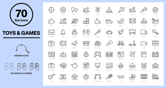 toys icons, games icons, toy, game icon set, toy symbols, children toys, editable stroke line, baby, kids entertainment, contour symbols pack, teddy bear, toy car, rpg games, kite, puzzle and more
