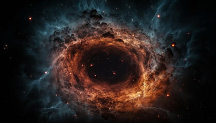 Naklejka premium Exploding supernova illuminates dark nebula in futuristic star field backdrop generated by AI