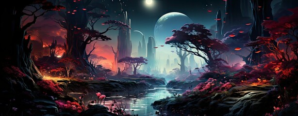 Mystical forest with glowing mushrooms, moonlit night, and ethereal atmosphere, perfect for fantasy-themed projects.