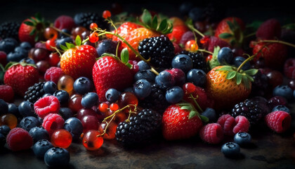 Fototapeta premium Fresh, ripe berry collection on rustic wooden table for dessert generated by AI